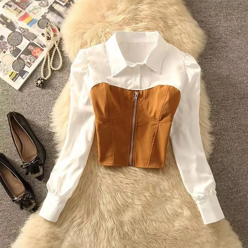 Elegant zipper splicing white shirt for spring and summer, new casual and personalized fake two-piece shirt