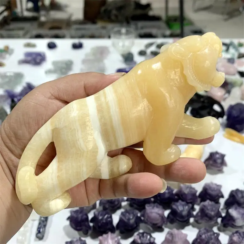 

Natural Stone Cute Yellow Calcite Tiger Hand Carved Animal Crystal Craft Home Decoration Ornament 1pcs