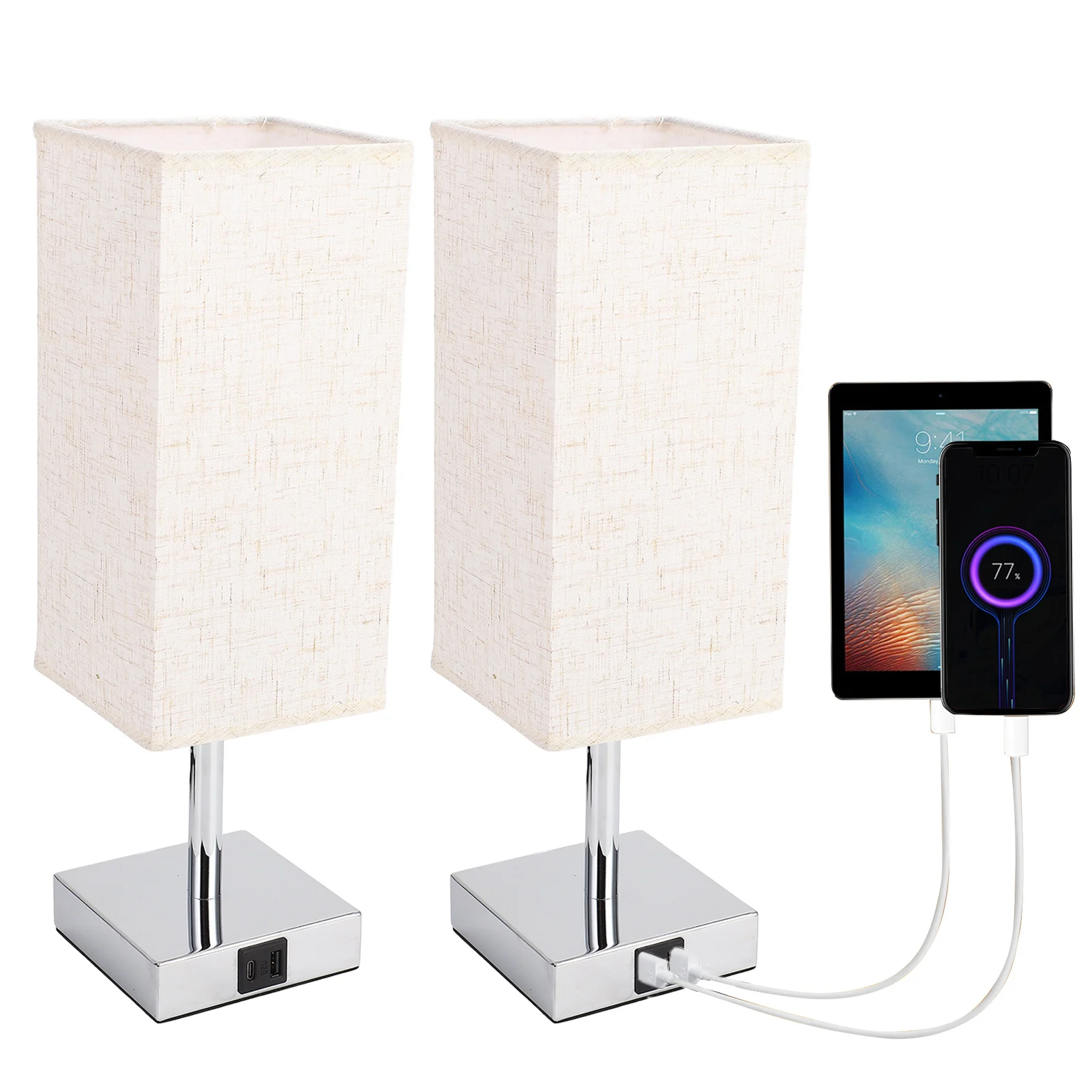 2 حزم من القماش مصباح طاولة بجانب السرير منضدة مع لمبة LED بيضاء دافئة مكتب ضوء التحكم باللمس USB A نوع C منافذ شحن #1