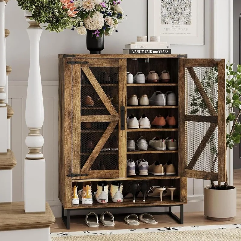 Farmhouse Shoe Cabinet with Doors, 6-Tier Shoes Rack Shoe Storage Organizer with Adjustable Shelves & Metal Legs