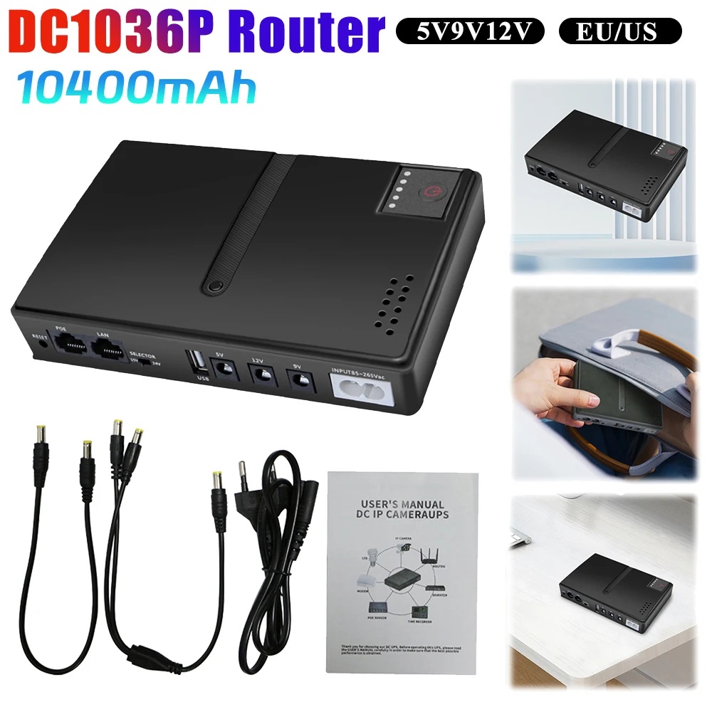 AC85-265V DC1018P Router 5V9V12V 36W Optical Cat Monitor Backup Uninterruptible 10400Mah DC Power Supply Charger Cell Phone UPS