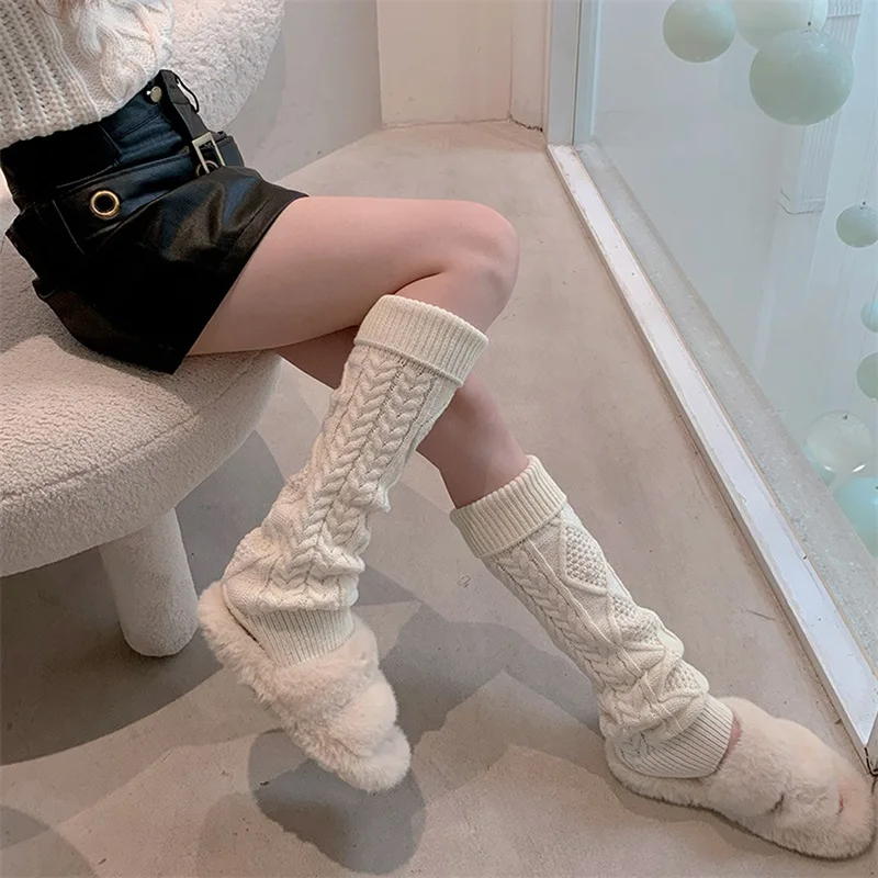 Women'S Knitting Fried Dough Twists Thermal Pants Winter Autumn Foldable Leg Guard Sleeves Knee Length Diamond Flanging Leg Sets