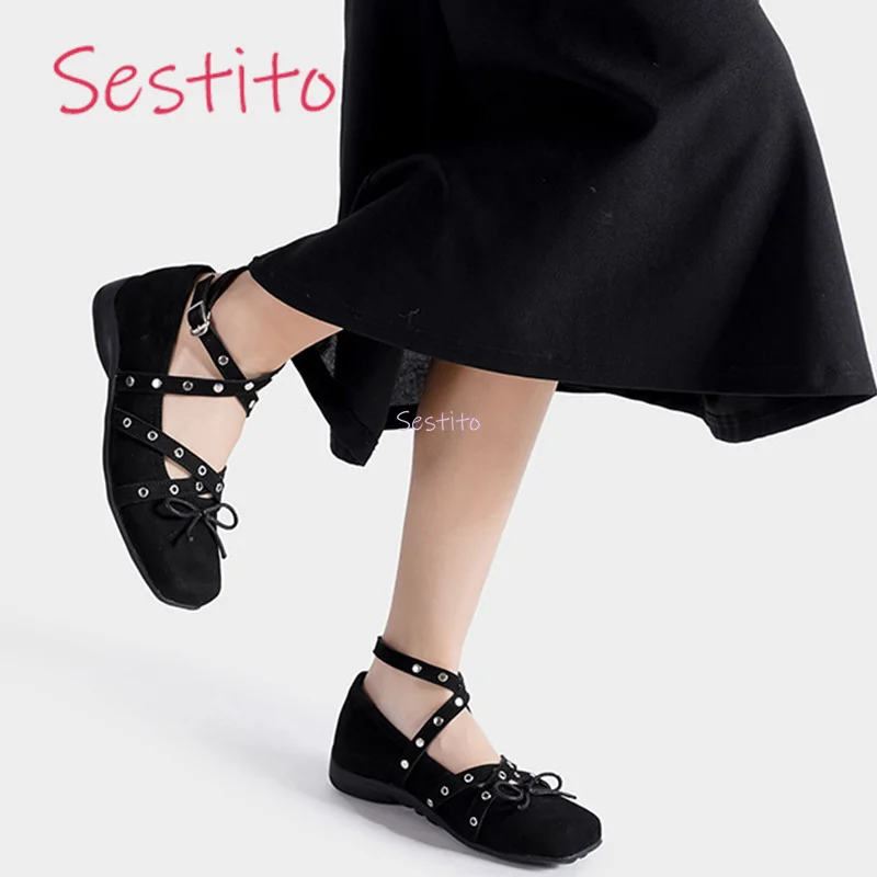 

Bowknot Mary Jane Shoes Fashionable and Versatile Cross Belt Buckle Buckle Rivet Design Casual and Casual Flat Shoes