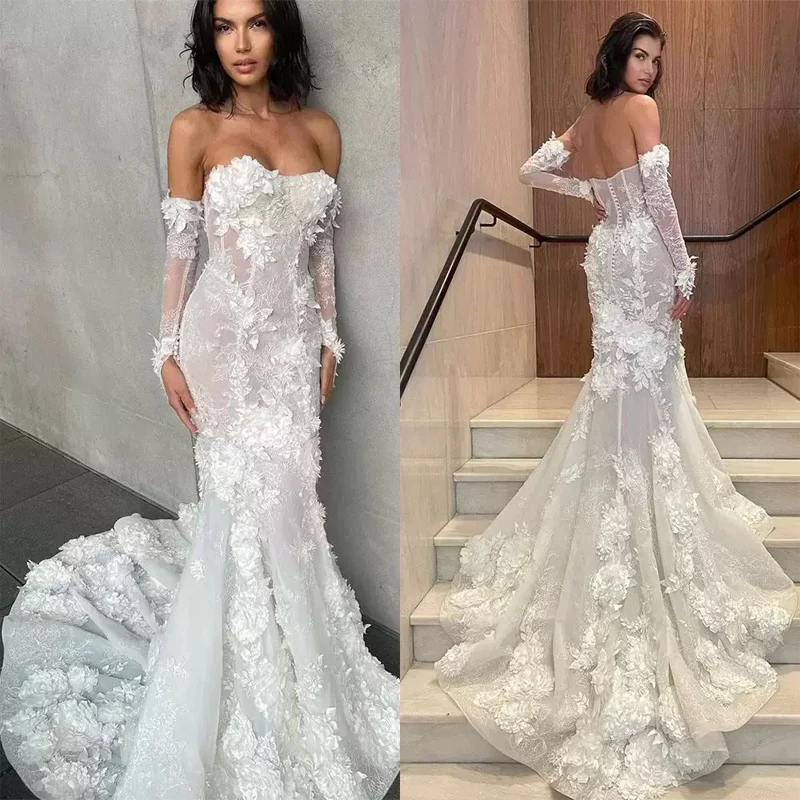 

Gorgeous Mermaid Wedding Dresses Bridal Gown with Detachable Long Sleeves Illusion Bodice 3D Floral Applique Sweetheart Neckline