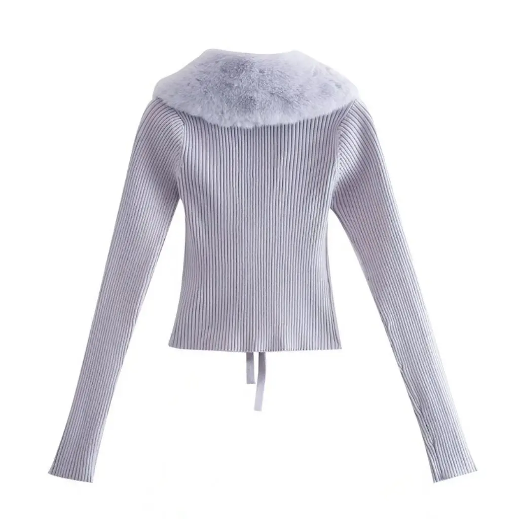 

Women's Slim Fit Patchwork Knitted Cardigan Faux Fur Effect European And American Style Autumn Winter Clothing