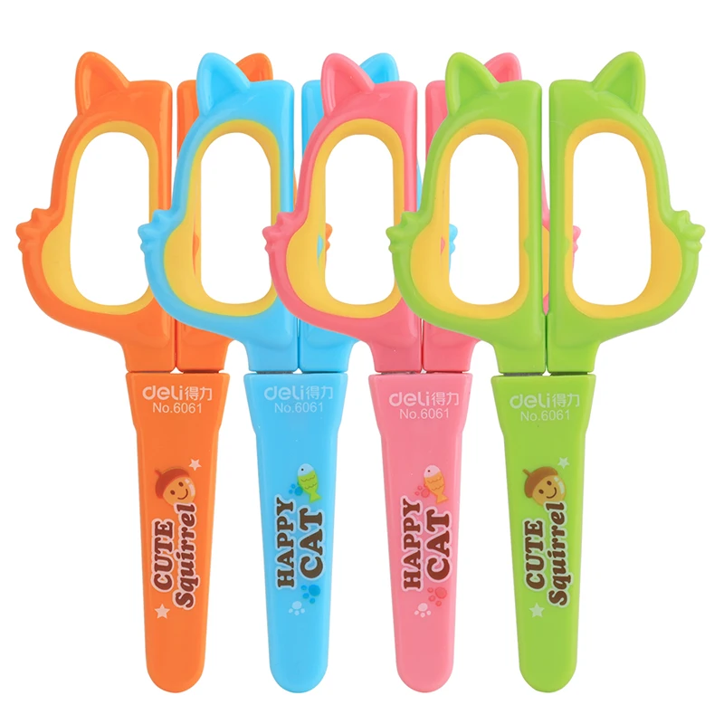 Deli 6061 cute cartoon animal shaped children's scissors student with protective cover for school office