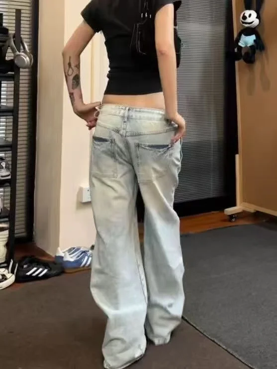 Women's Baggy Jean Punk Grunge Bleach Denim Pants Boyfriend Y2K Japanese Harajuku Wide Fit Jeans American Retro Streetwear Tide
