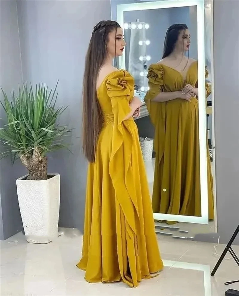 Romantic Yellow Chiffon Long Prom Dresses V Neck Puff Half Sleeves A-Line Floor Length Evening Gown Plus Size Formal Dress