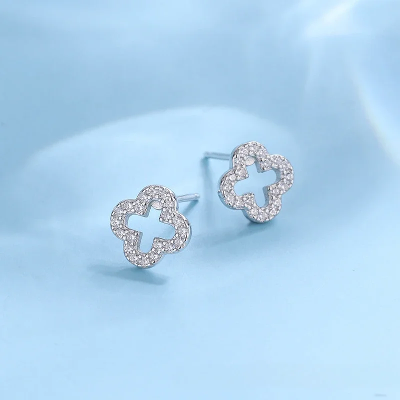 S925 Sterling Silver Zircon Leaf Hollow Stud Earrings for Women Elegant Niche Triple Flower Earrings Fine Jewelry Gift