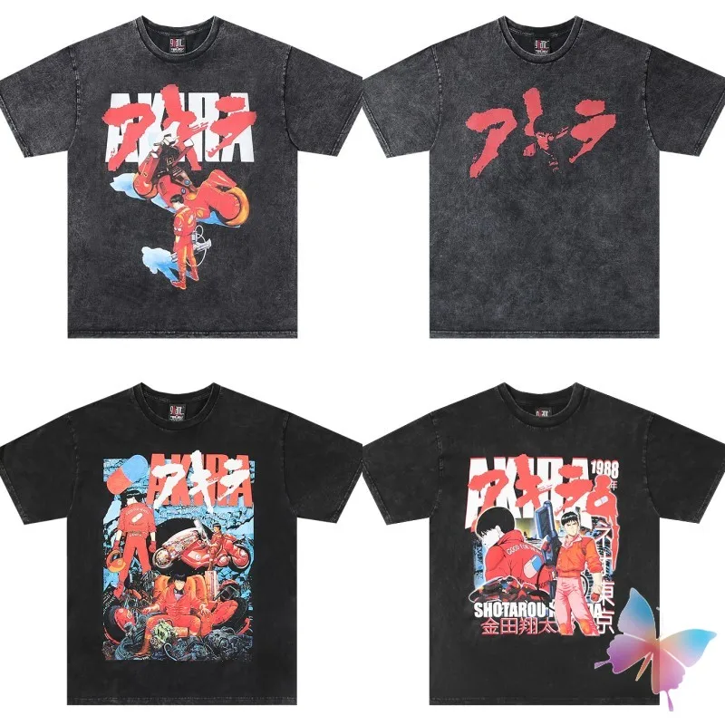 Vinatge Hiphop Street Anime Tops AKIRA T-shirts Motorcycle Boy Washed Black Cotton Short Sleeve Loose Tshirts Men Women