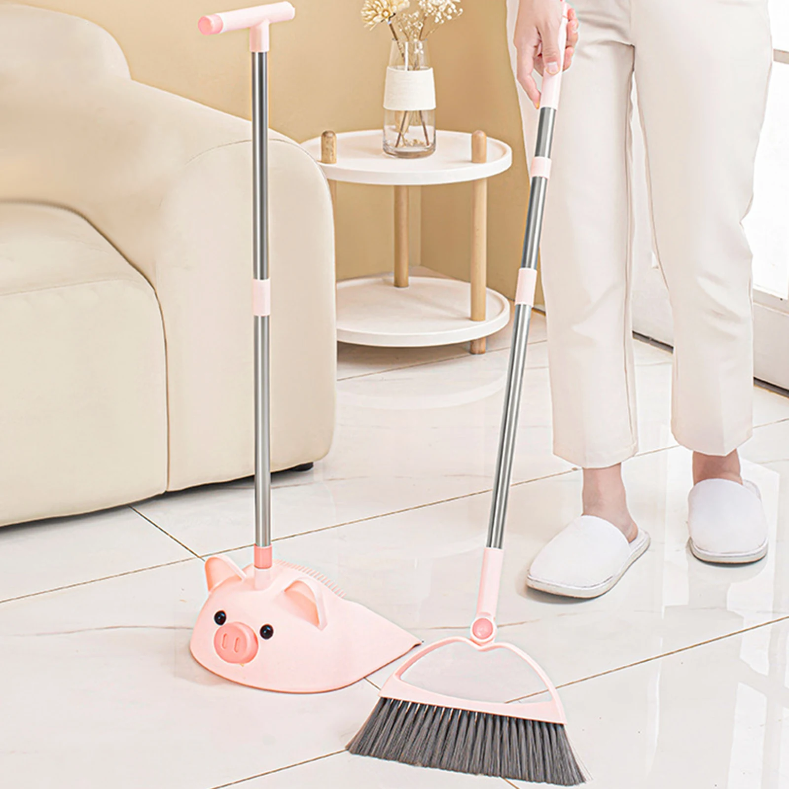 2Pcs Dustpan Broom Combo Lightweight Sturdy Sweeping Broom Upright Standing Dense Pet Bristles for Office Commercial Home