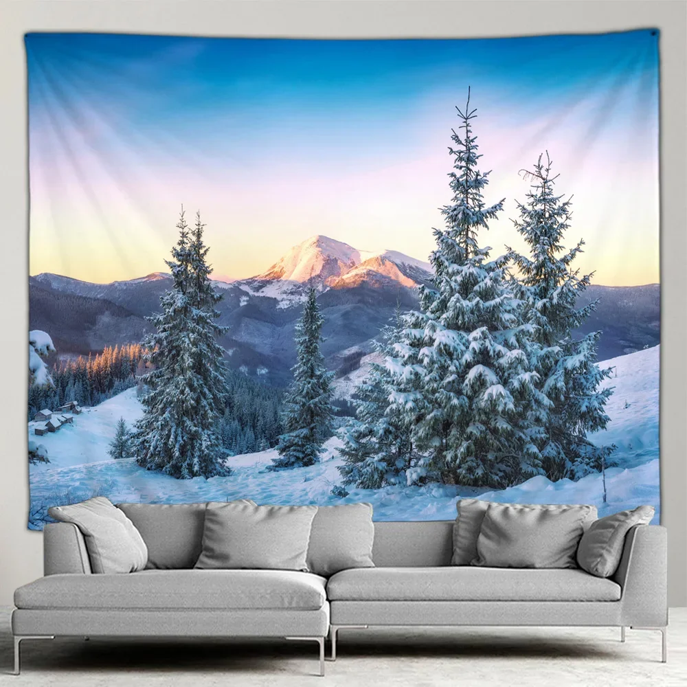 Outdoors Winter Forest Snow Scene Tapestry Wall Hanging Christmas Tree Happy New Year Bedroom Patio Wall Hanging Mural Art Decor