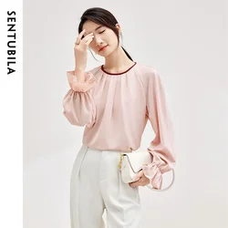 SENTUBILA Spliced Folds Blouse Women 2024 Autumn Chiffon Pullover Round Neck Puff Sleeve Commute Female Shirts 133V51710