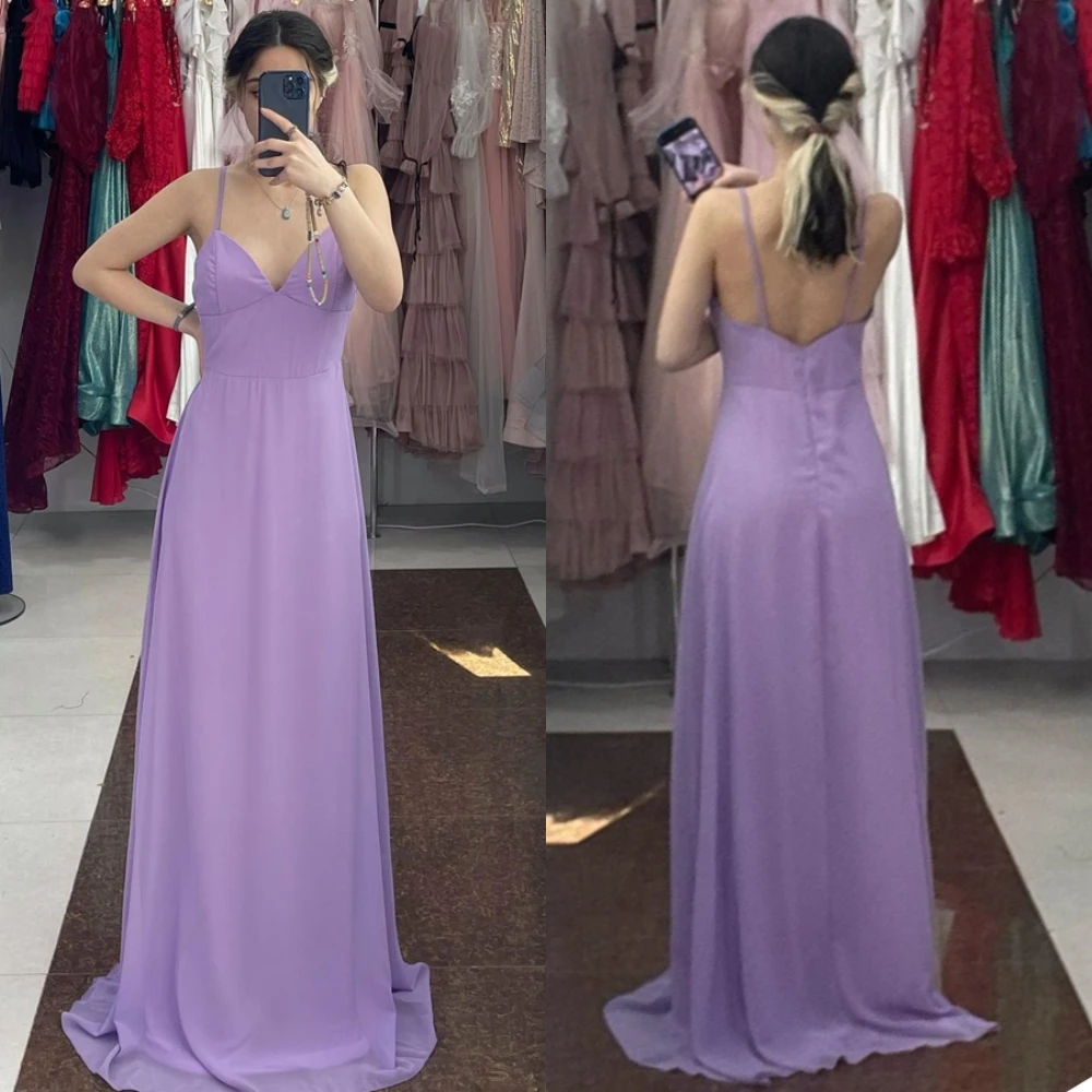 

Customized Classic A-Line Purple Chiffon Party Dresses Sexy Style Sweetheart Spaghetti Straps Evening Dress Formal Prom Gowns