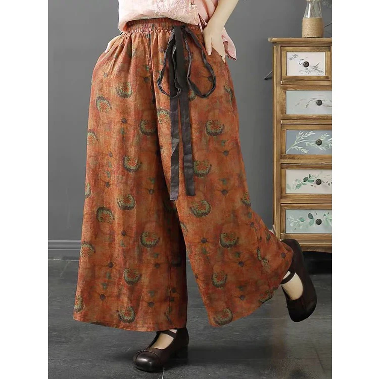 Retro étnico impressão solta perna reta calças casuais cintura alta perna larga nove pontos solto ajuste feminino plus size calças