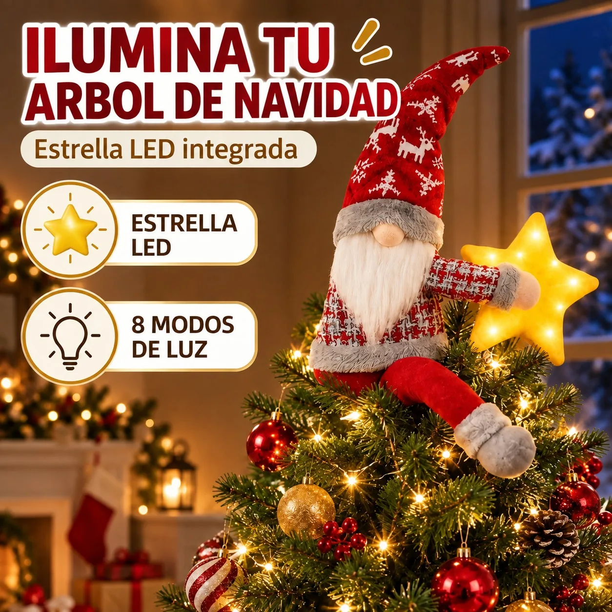 Gnomo natalizio per l’albero, con stella a LED integrata e 8 modalità di illuminazione, decorazione festiva in poliestere e peluche, ornamento natalizio da 38 cm per la casa e l’ufficio.