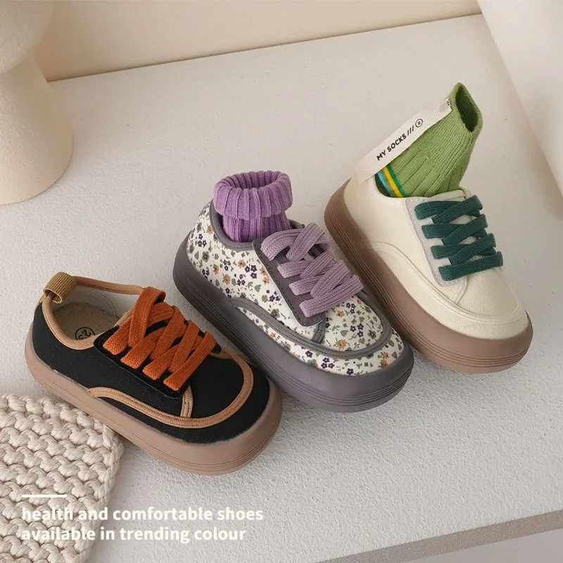 Spring Children Canvas Shoes Girls Fashion Floral Print Sneakers Boys Retro Breathable Cloth Shoes Baby Soft Bread Shoes