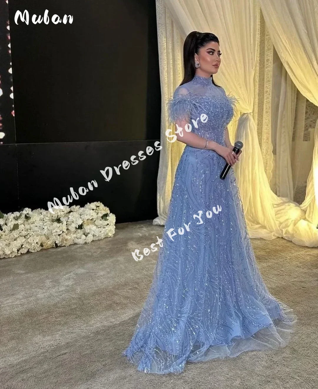 Customized High Neck Feathers Sparkly Sequin Tulle Prom Dresses A-line Short Sleeves Evening Dresses Formal Party Gown Vestidos