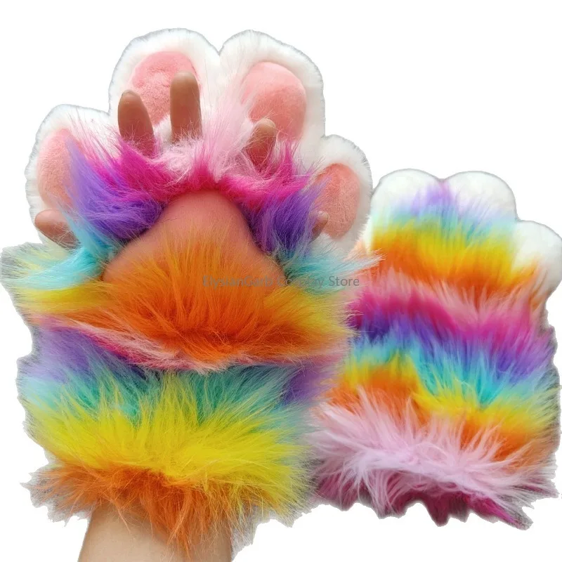 Colorful Rainbow Fursuit Paw Gloves Plush Animal Cat Half‑Finger Furry Paws for Furry Cosplay Accessory Halloween Party Dress‑up