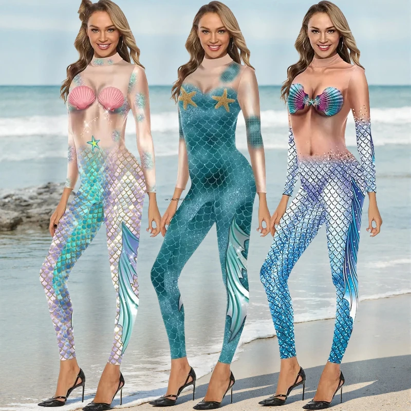 Colors Mermaid Cosplay Jumpsuits Costume Women Colorful Printing Party Catsuits Clothing Fashion Skinny Sexy Bodysuit