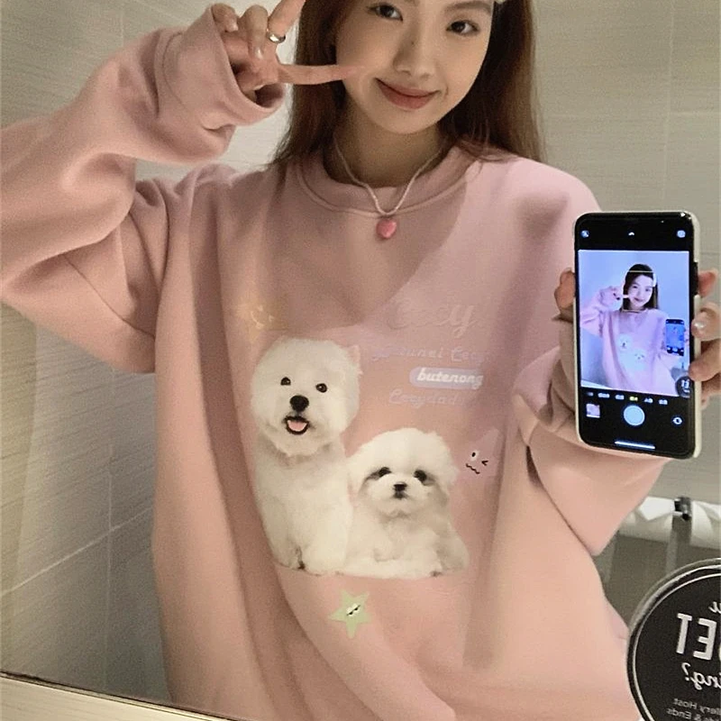 Korean Original Cute Stars Dog Print Y2K Hoodies O-neck Sweatshirt Fashion Winter Warm Fleece Pullover Loose Harajuku Streetwear