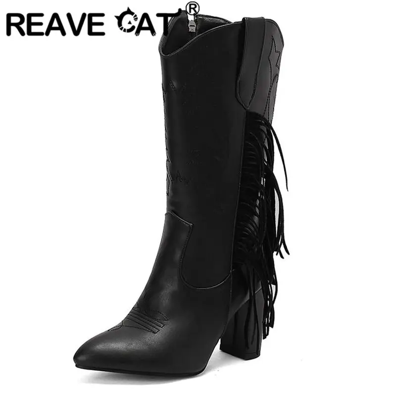 

REAVE CAT, женские рыцарские сапоги, высокие каблуки с круглым носком, бахрома 9 см, размер 46, 47, 48, винтажные ковбойские ботинки до середины икры