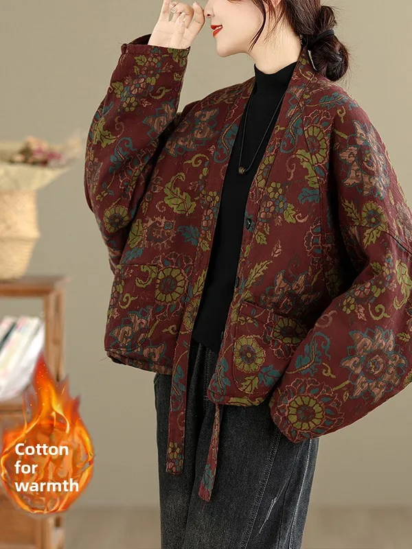 Marque coréenne Batwing Sve boutonné coton Jaet femmes hiver Vintage imprimé artistique conception décontracté coupe ample vêtements d'extérieur