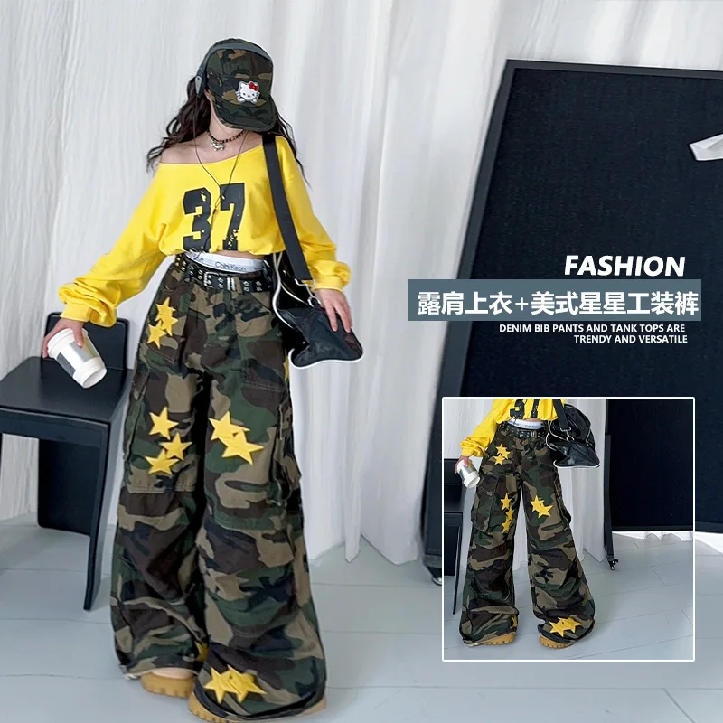 Teens Girl Jazz Hip-hop Street Dance Performance Set Cotton Tops+Camouflage Pants 2pcs Junior Kids Model Runway Outfits Outfit