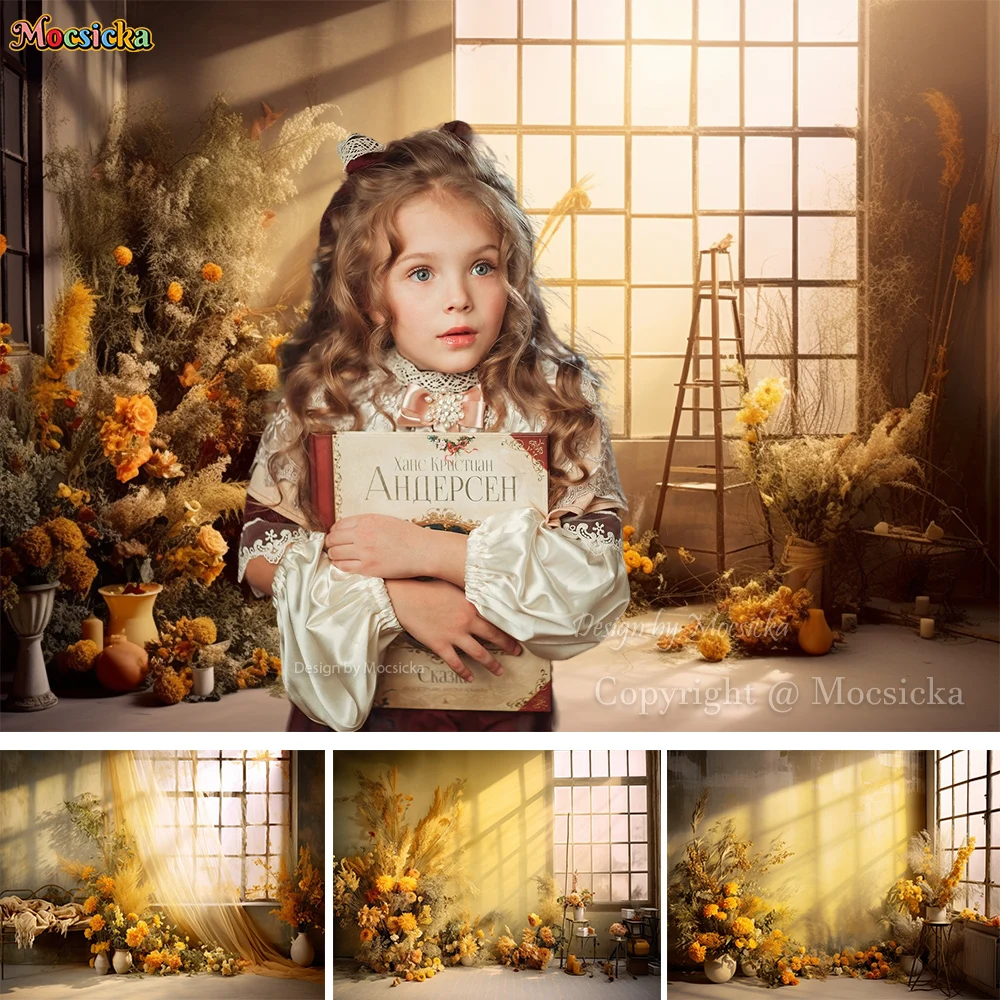 

Mocsicka Spring Interior Garden Background Sunlight Window Yellow Flower Decor Kid Art Retro Portrait Backdrop Photo Studio Prop