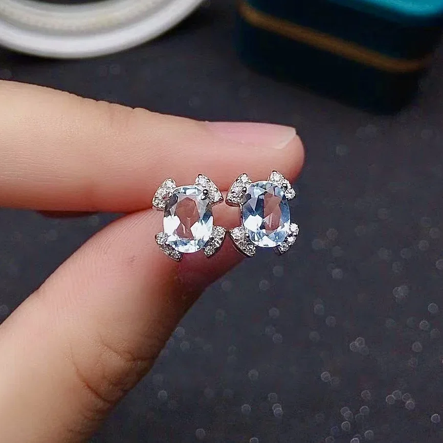 

100% Natural Light Blue Aquamarine Stud Earrings for Daily Wear 5mm*7mm Oval Aquamarine Silver Earrings Gift for Woman