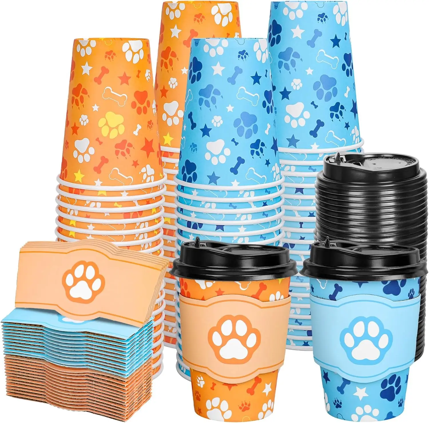 

50Pcs Birthday Dog Paw Disposable Coffee Cup with Lids and Sleeves 12Oz Blue Orange Paw Themed Paper Drinking Cups for P