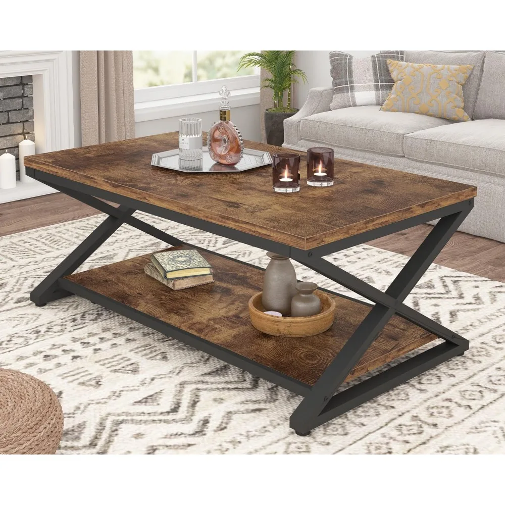 Rustic Farmhouse Brown Wood Coffee Table with Storage, Modern 2-Tier Living Room Center Table