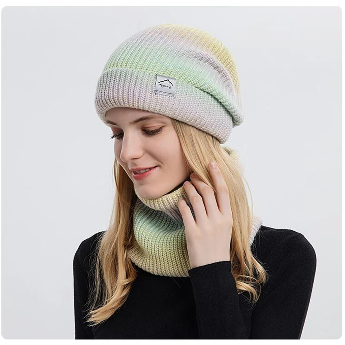 Set Topi Rajut Wanita OVTRB untuk Musim Dingin, Penghangat Leher, Set Topi Beanie Warna Gradasi, Set Syal, Topi Rajut Hangat, Topi Skull untuk Olahraga Luar Ruangan