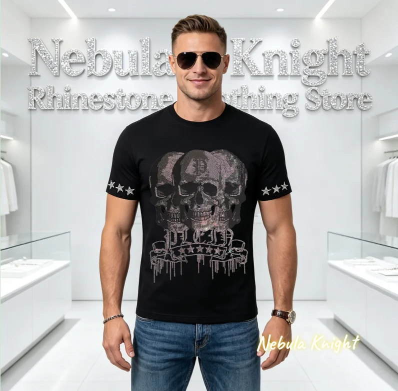 Men's Hip Hop O-Neck Cotton T-Shirt Sparkly Rhinestone Crystal Decor Short Sleeve Casual Tee for Street Fashion Streetwear