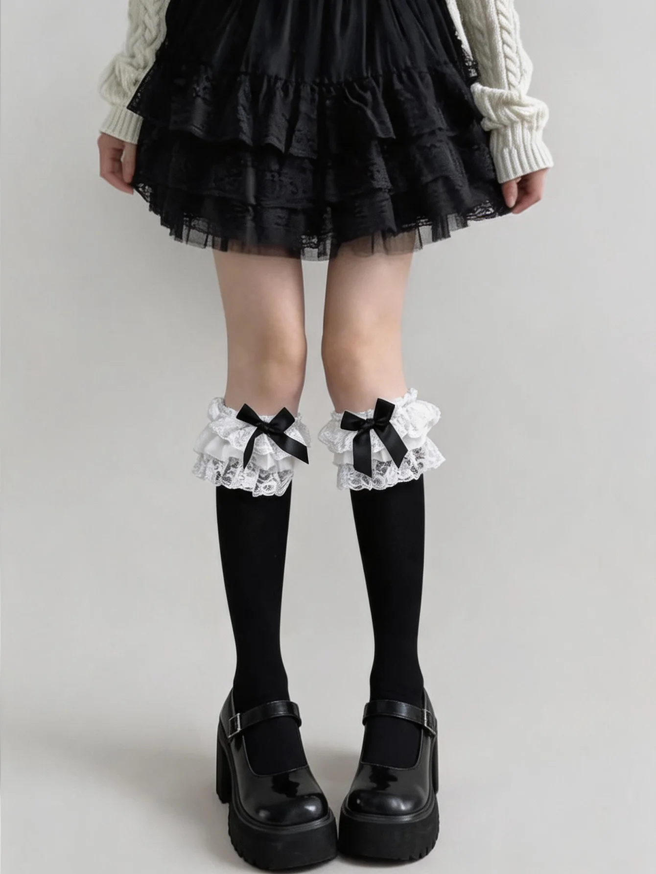 Women Fashion Black Calf Length Socks White Frilly Lace Trim Black Bow Decoration, Comfort Elastic Stockings For Lolita Costume