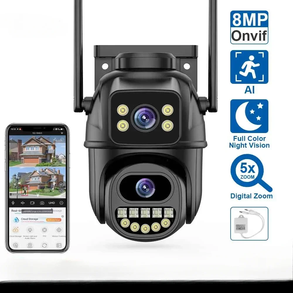 

PTZ IP-камеры безопасности 4K 8MP Wi-Fi камера наблюдения с двумя объективами 4-кратный цифровой зум AI Обнаружение человека ONVIF Открытый