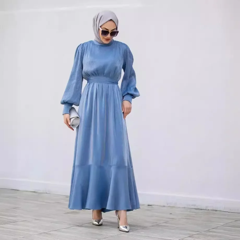 Solid with Ruffles Robe Muslim Fashion Clothes Women Abaya Dubai Arab Puff Sleeves Lace-up Dress Turkey Caftan Marocain Abayas