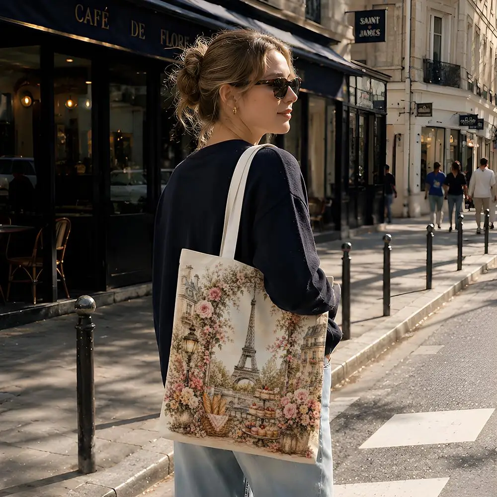 Romantic Vintage Paris Storage Bags Reusable Canvas Tote Suitable for School Class Commuting Shopping as Gifts