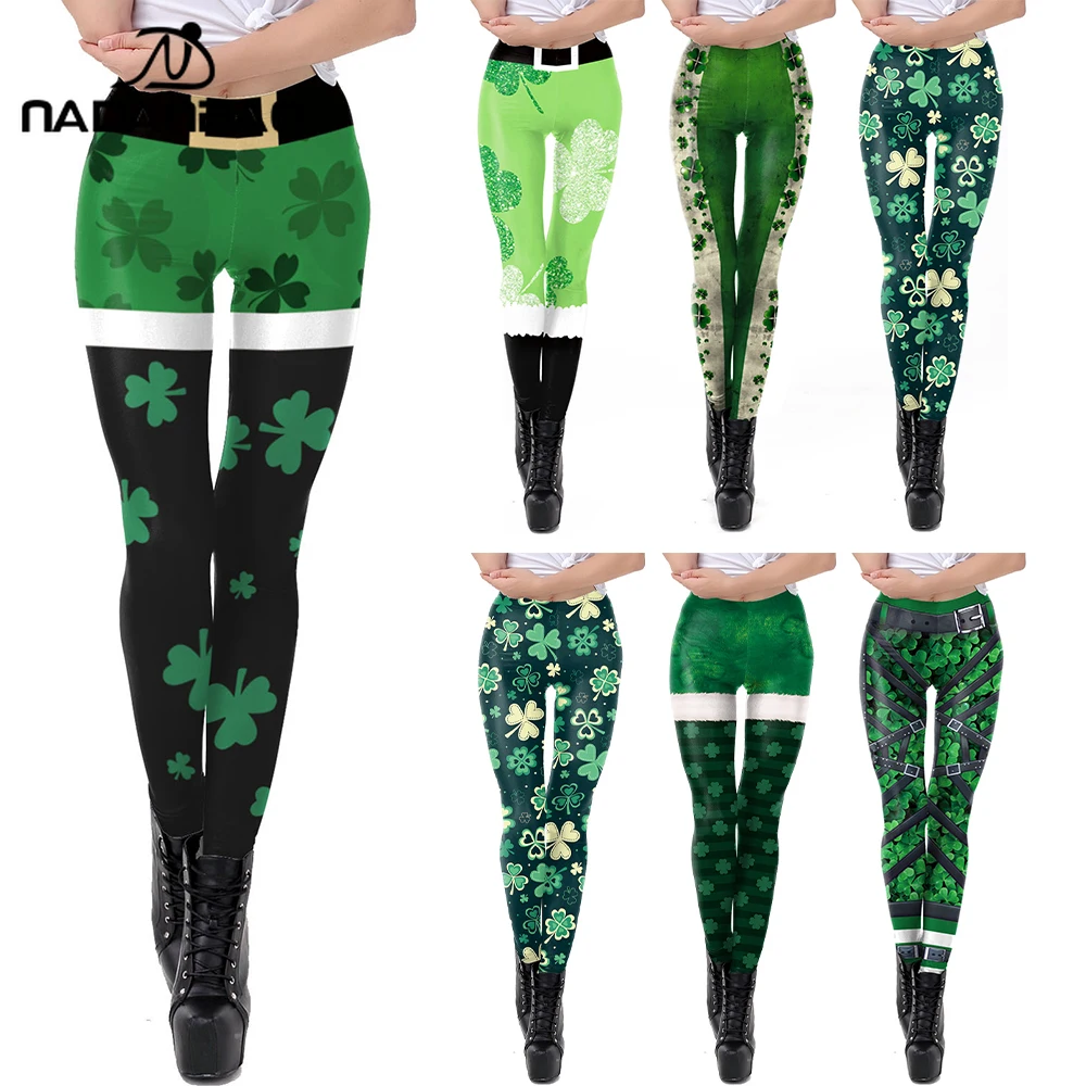 

Nadanbao St. Patrick's Day 3D Belt Clover Print Leggings Women's Sexy Elastic Tights Spring Casual Pants Workout Yoga Trousers