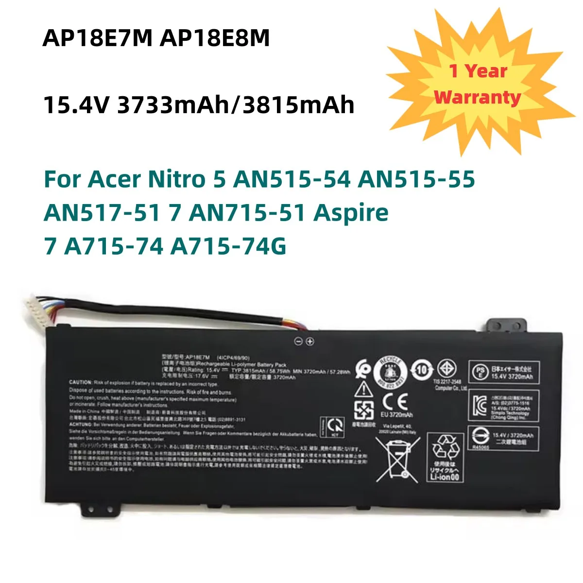 

AP18E8M Laptop Battery For Acer Nitro 5 AN515-54 AN515-55 AN517-51 7 AN715-51 Aspire 7 A715-74 A715-74G Series AP18E7M