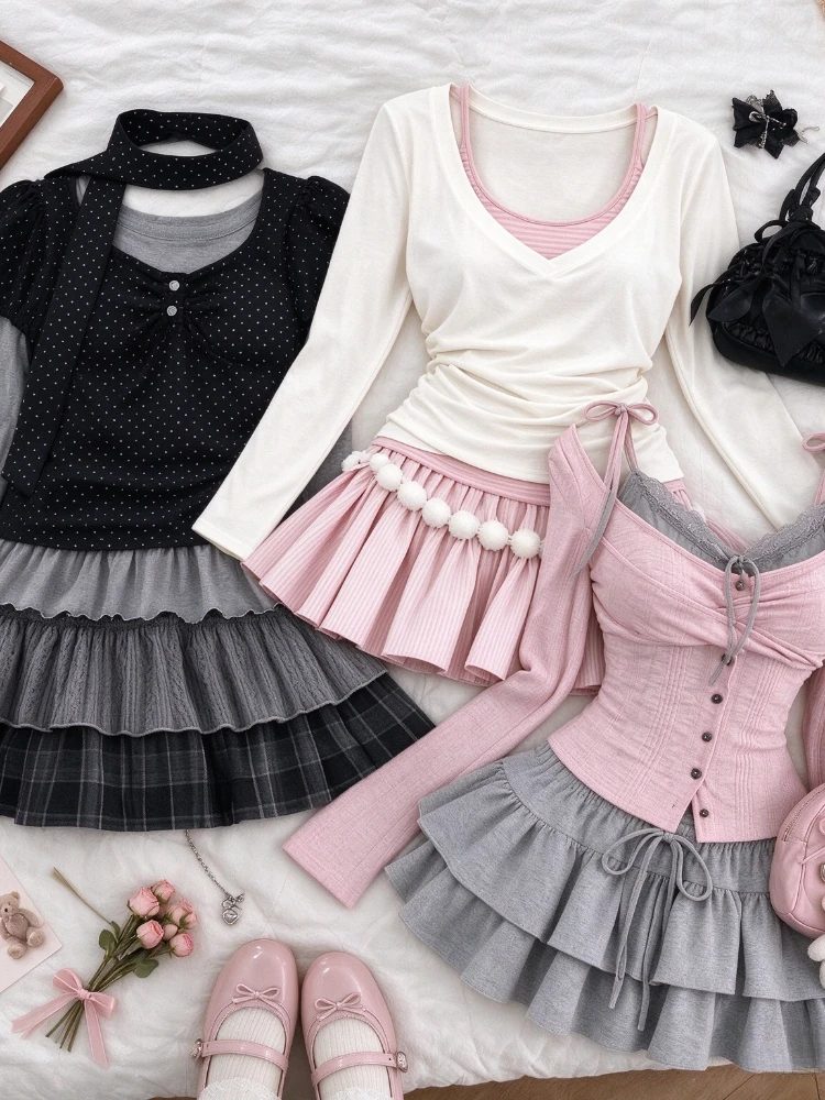 American Retro Cute Women 2 Piece Outfit Sets Sweet Casual Crop Top Blouse Short Skirt Y2K Harajuku Kawaii Streetwear Chic