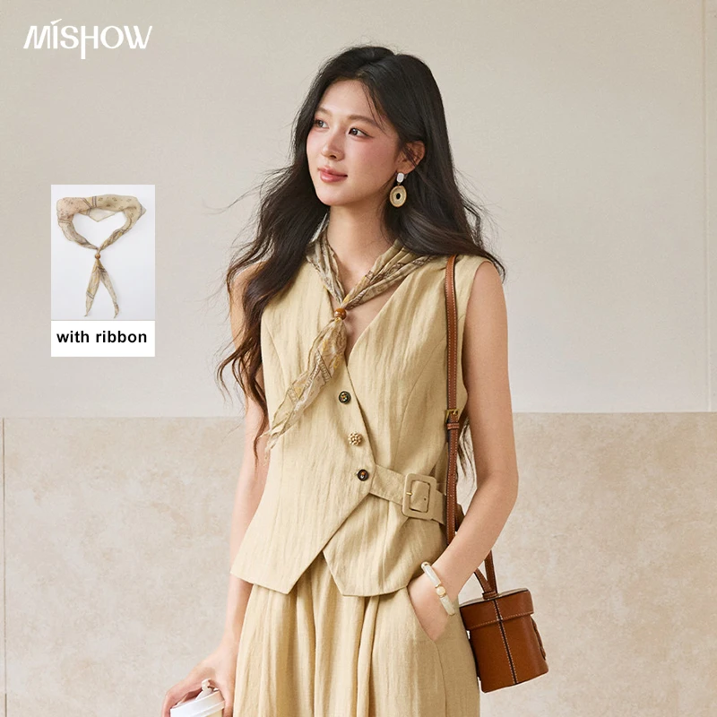 MISHOW Women's Sleeveless V Neck Vest 2026 Summer Asymmetric Button Belted Waist Slim Solid Waistcoat Office Lady MXF27W1076