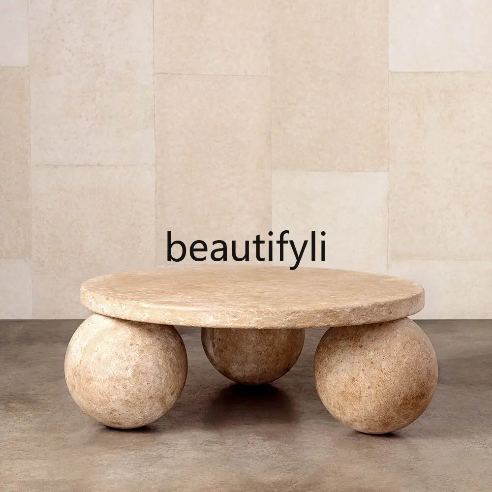 Natural travertine spherical coffee table wabi-sabi style retro table