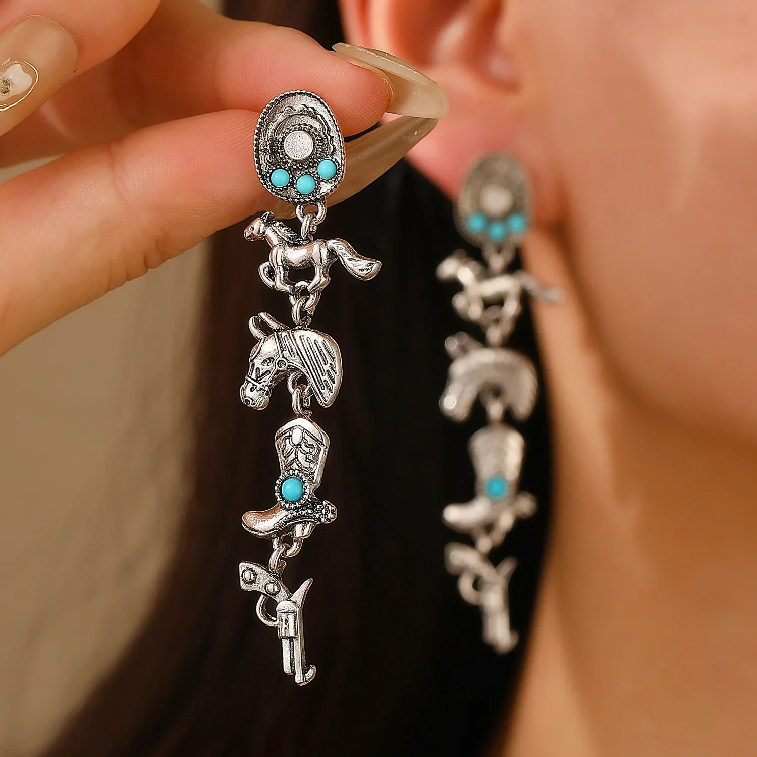 Vintage Bohemia Turquoise Cowboy Hat Boots Horse Earrings for Women Trendy Exaggerate Earring Party Wedding Jewelry Gift