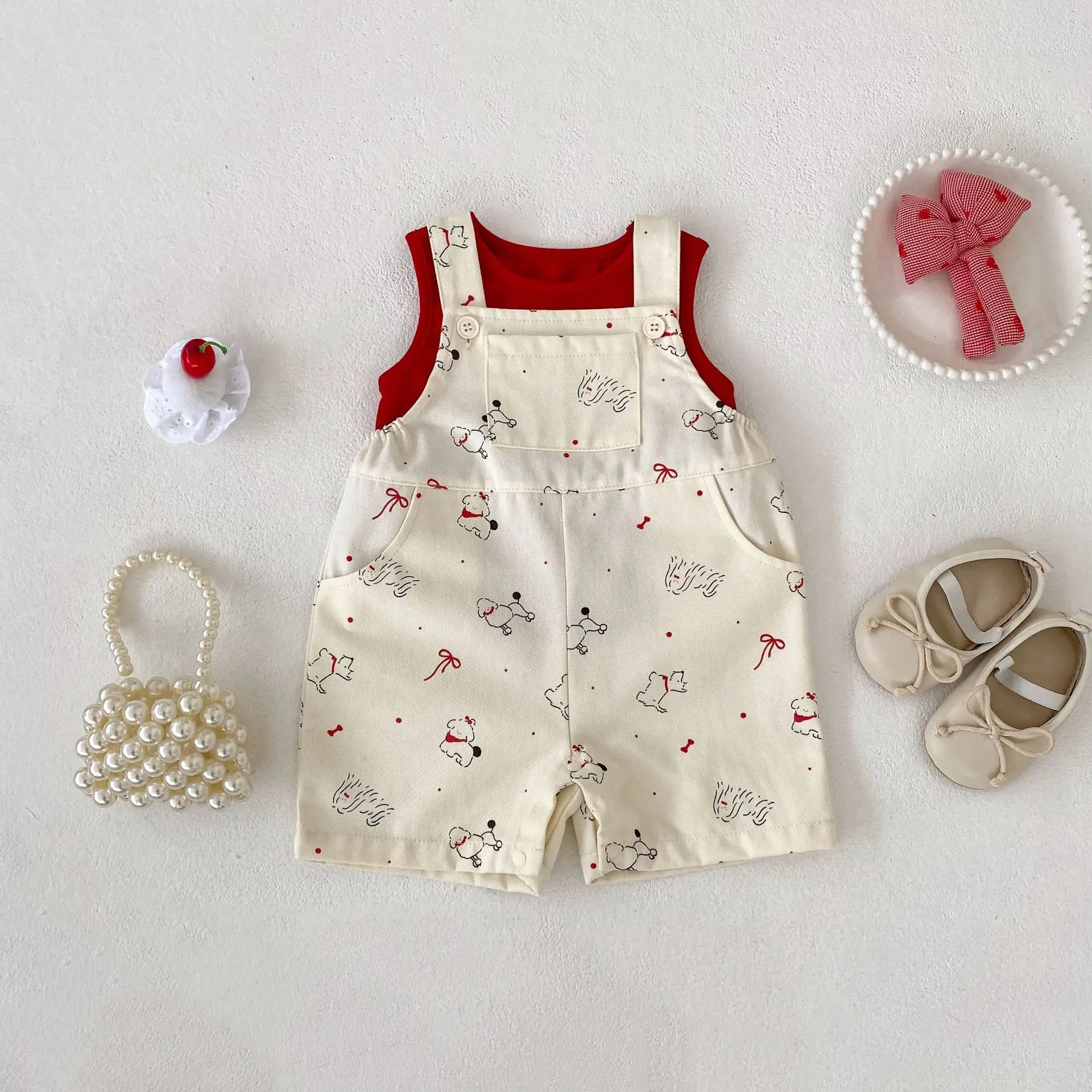 

2026 Summer New Girls Sleeveless Jumpsuit + Vest Two-piece Set Baby Girl Cute Cartoon Overalls Thin Cotton Children Strap Pants