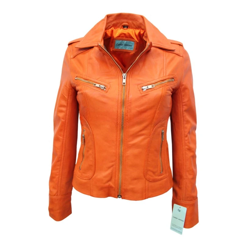 Best Selling Women's Genuine Lambskin Real Leather Jacket Orange Biker Zip Coat