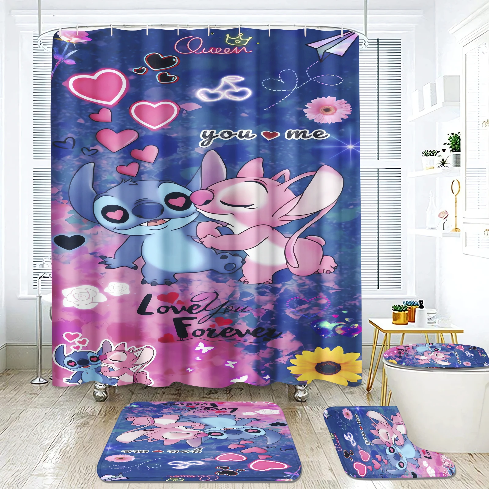 Stitch Cartoon Anime Alien Baby 4 Piece Mats Bathroom Decorations And Shower Sets Full Set Accessories Curtain Bath & Items