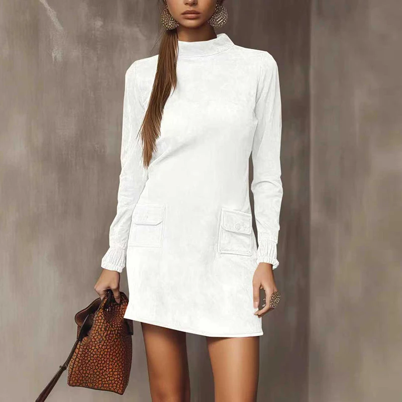 Femmes élégantes à manches longues robe de soirée col rond conception de poche Faux daim Mini robe femmes automne hiver mince robes de soirée