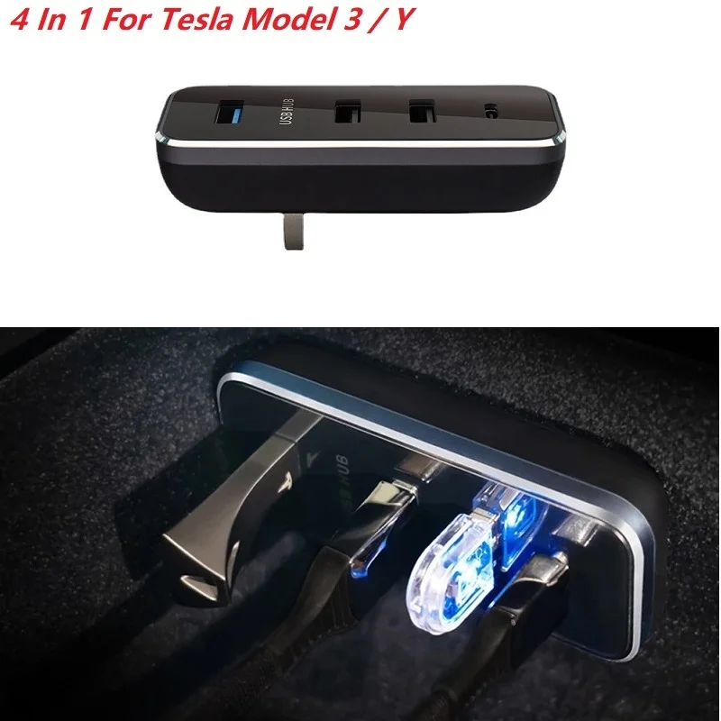 

For Tesla Model 3 / Y 4 In 1 Fast Charger 4 Ports USB Hub Docking Station Car Adapter Charger Powered Splitter Extension