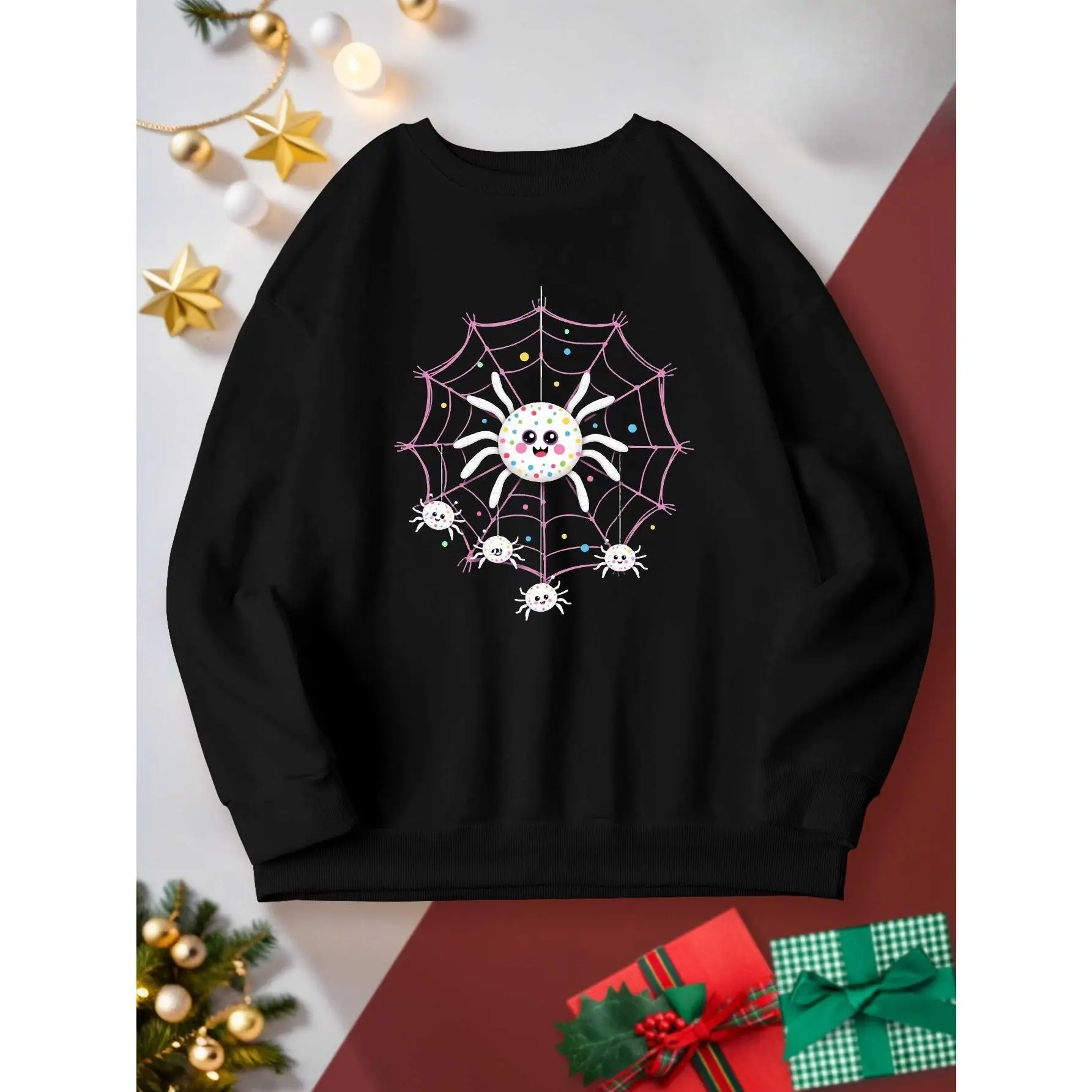 

Kawaii Cartoon Spider Print Sweatshirt for Women, Cute Donut Web Graphic Crewneck, Soft Oversized Pullover for Daily Wear